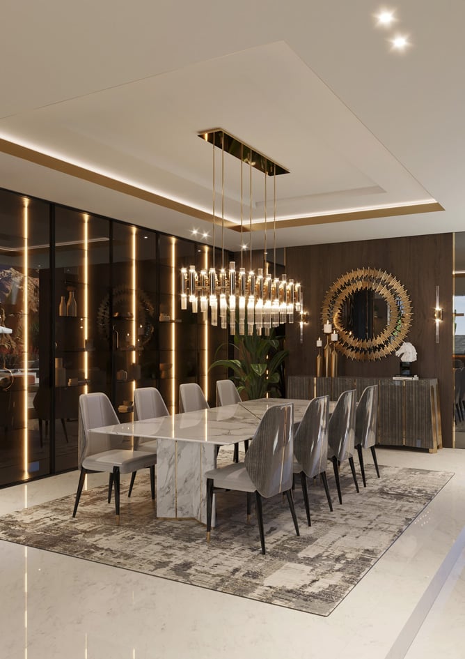 Το τραπέζι της τραπεζαρίας στο living room της έπαυλης