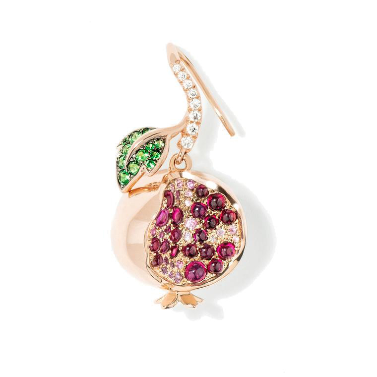 Σκουλαρίκι Pomegranate Keeper σε ροζ χρυσό με ρουμπίνια, διαμάντια και τσαβορίτες