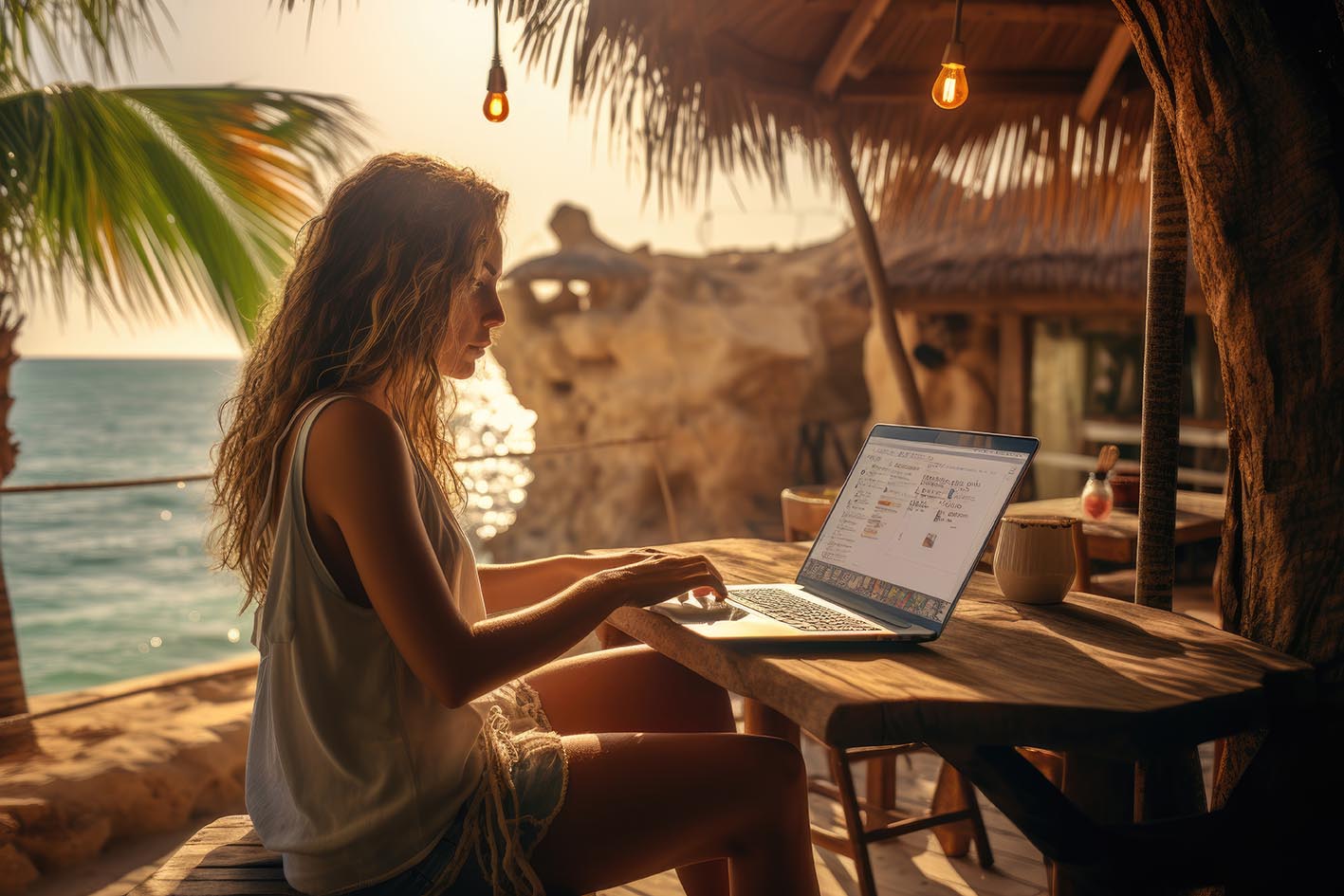 Γυναίκα συνδυάζει διακοπές και δουλειά το workcation δίπλα στη θάλασσα