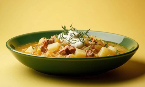 Ρωσική Shchi με τραγανό λάχανο και sour cream