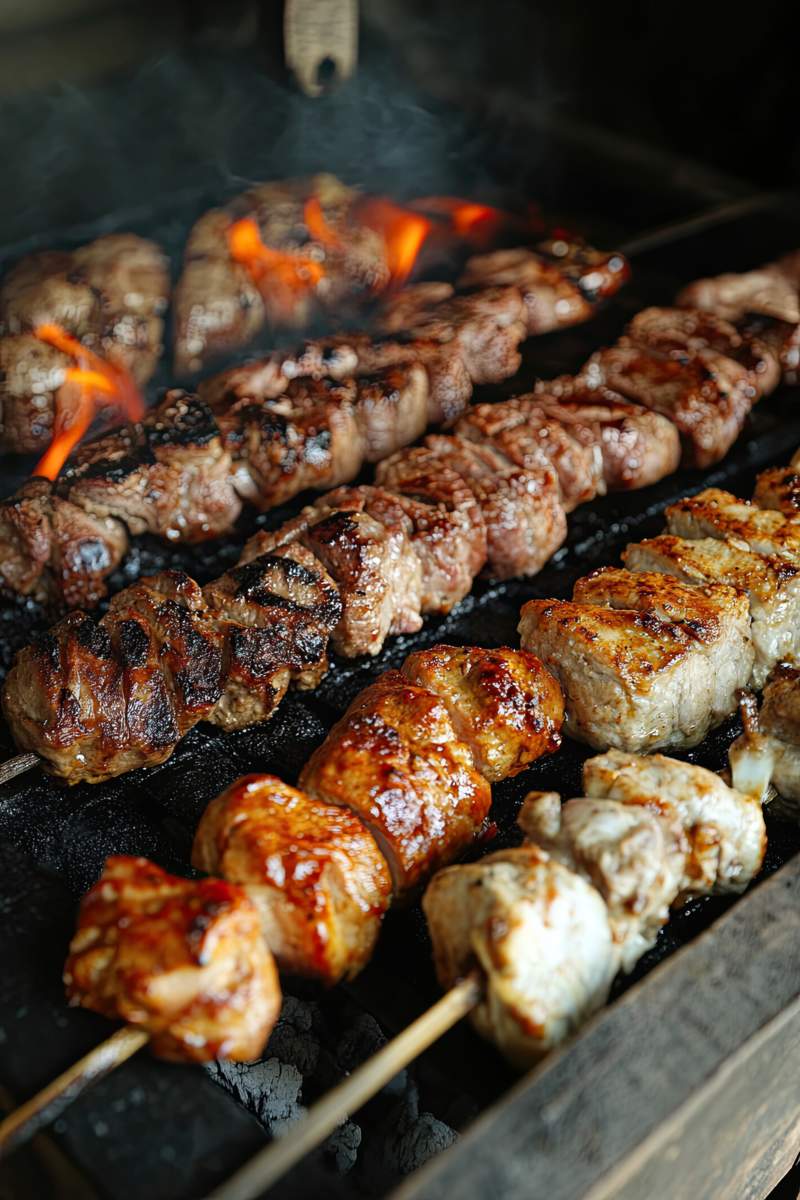 Pork Lamb And Chicken Traditionally Cooked On A Charcoal Grill. Cypriot Traditional Grilled Souvla.