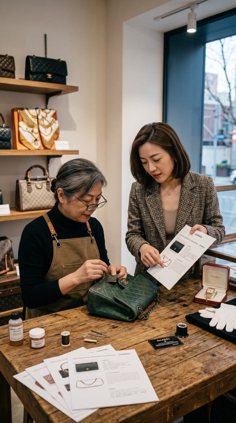 Γυναίκες τσεκάρουν κατά πόσο είναι γνήσια τσάντα vintage.