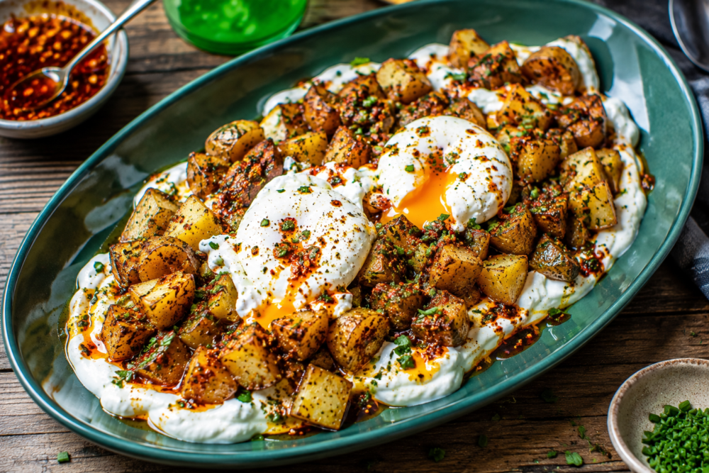 Πατάτες με αυγά, γιαούρτι και βούτυρο chili