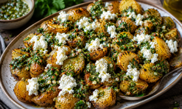 Πατάτες ψητές με σάλτσα chimichurri και κατσικίσιο τυρί