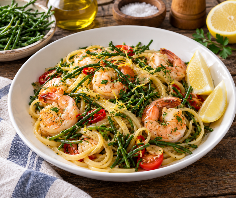 Linguine με γαρίδες και κρίταμο Αγίας Νάπας της Μεσογείου